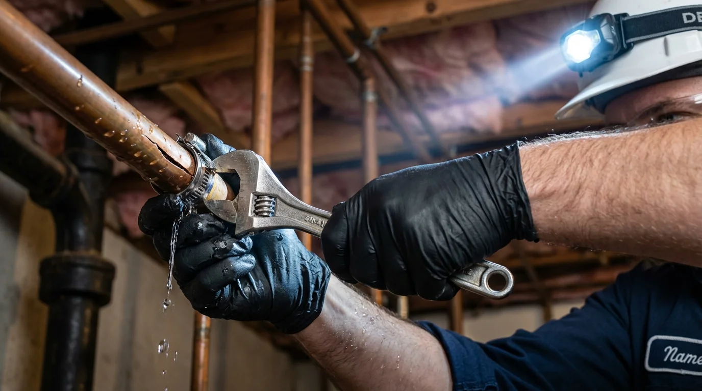Emergency pipe clamp repair being performed by a Johns Plumbing LLC plumber in Independence