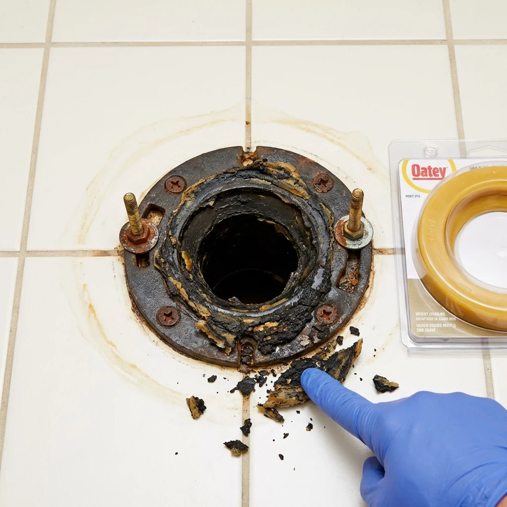Failed wax ring showing water seepage at the base of a toilet in a Independence, KS home