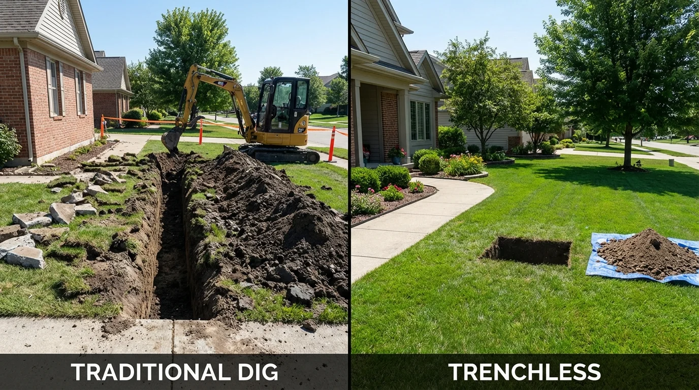 Trenchless sewer repair with minimal yard damage versus traditional excavation in Independence, KS