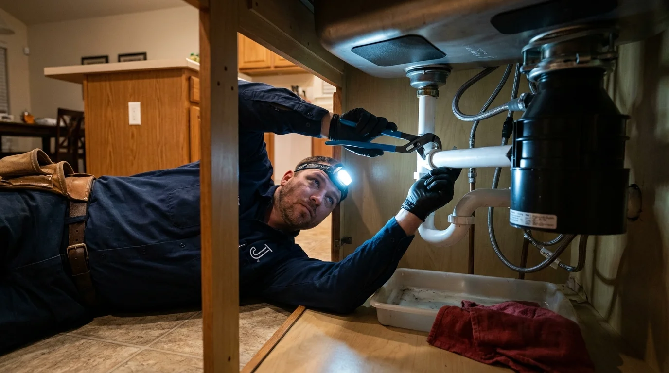 P-trap and supply line connections under a kitchen sink showing a common leak point in Independence, KS